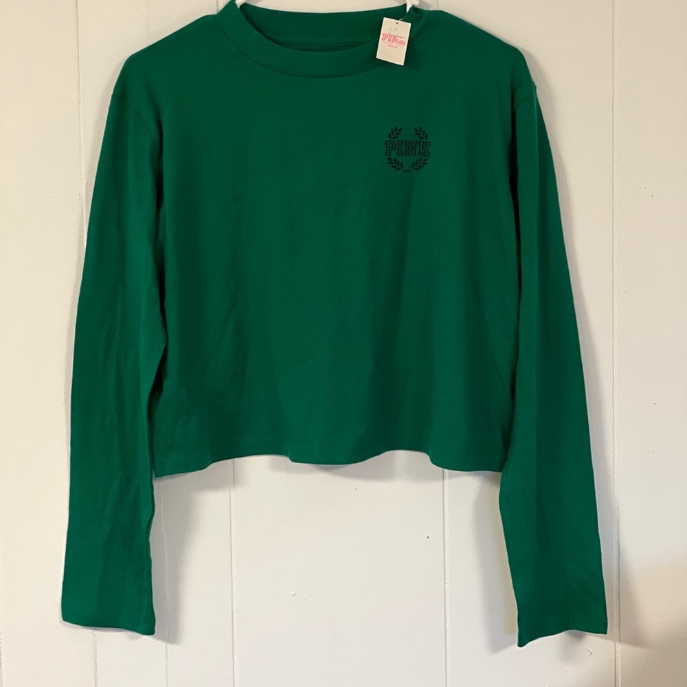 Victoria’s Secret long sleeve T-shirt green pink crop top belly half shirt new